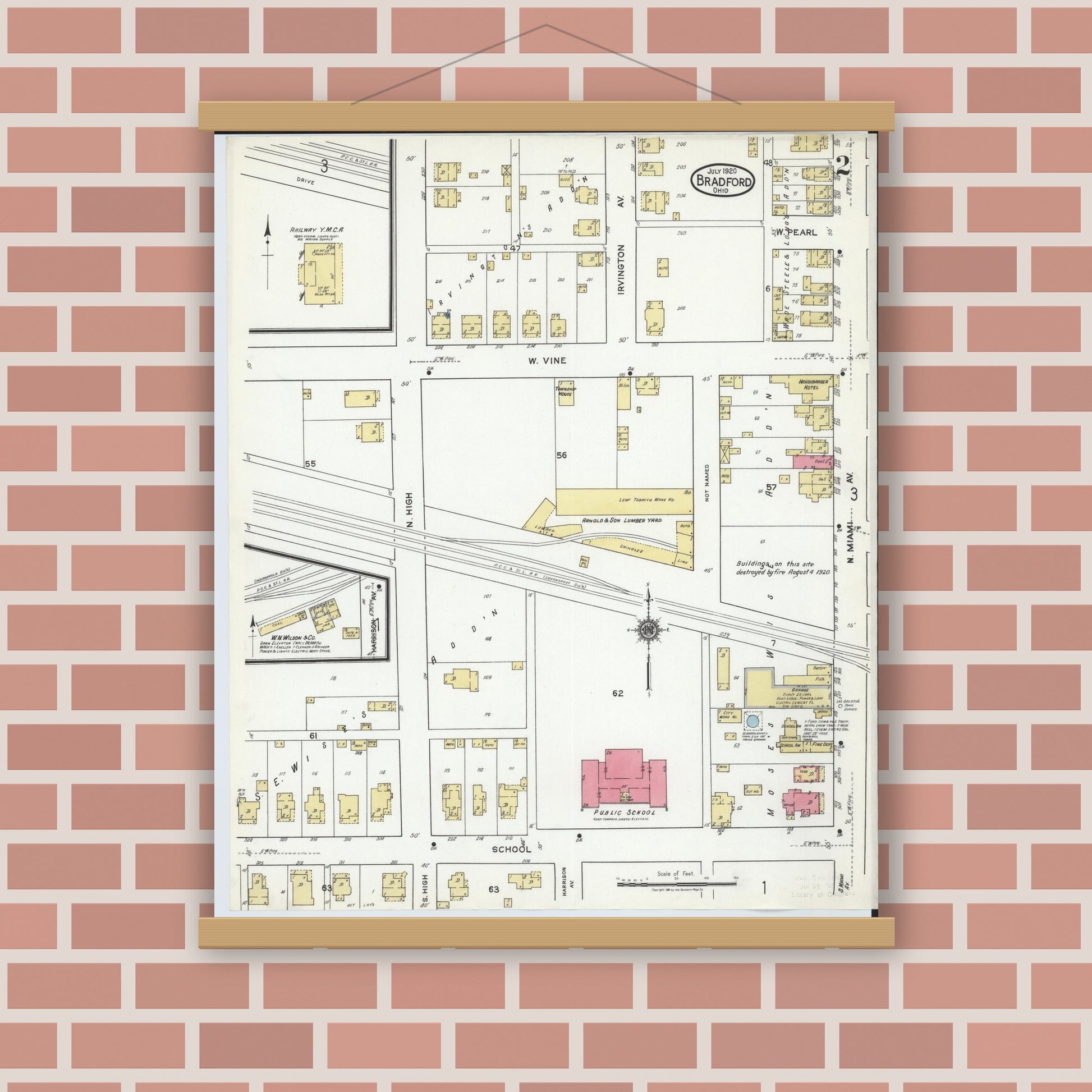 Old map wall art mockup — magnetic wood frame on brick wall — Sanborn Fire Insurance Map from Bradford, Darke and Miami Counties, Ohio (1920), Sheet #0002