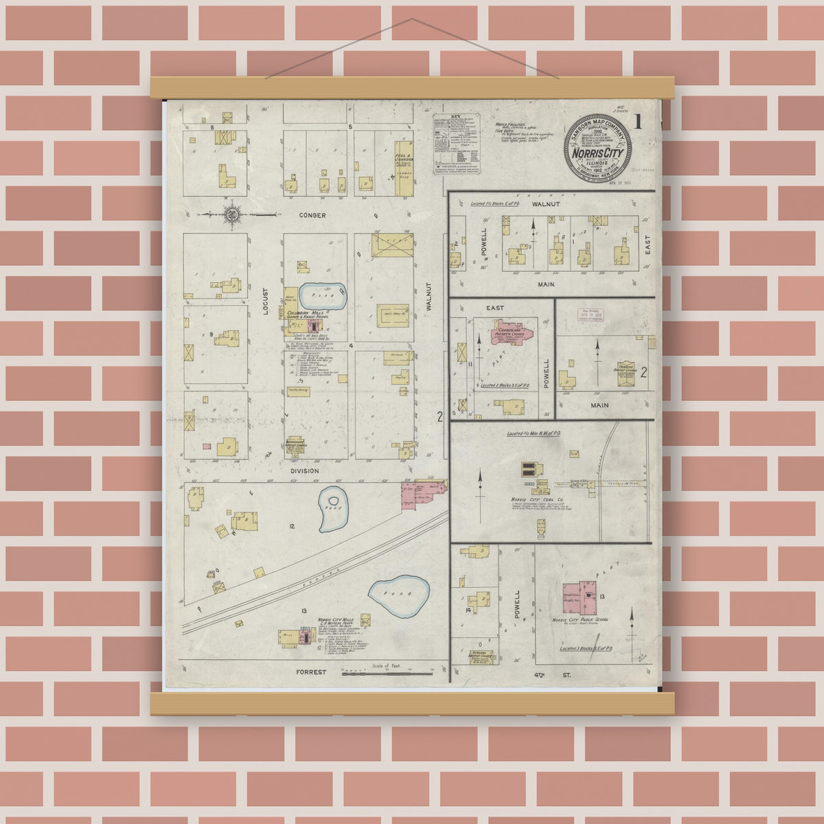 Old map wall art mockup — magnetic wood frame on brick wall — Sanborn Fire Insurance Map from Norris City, White County, Illinois (1912) - Complete Map Set