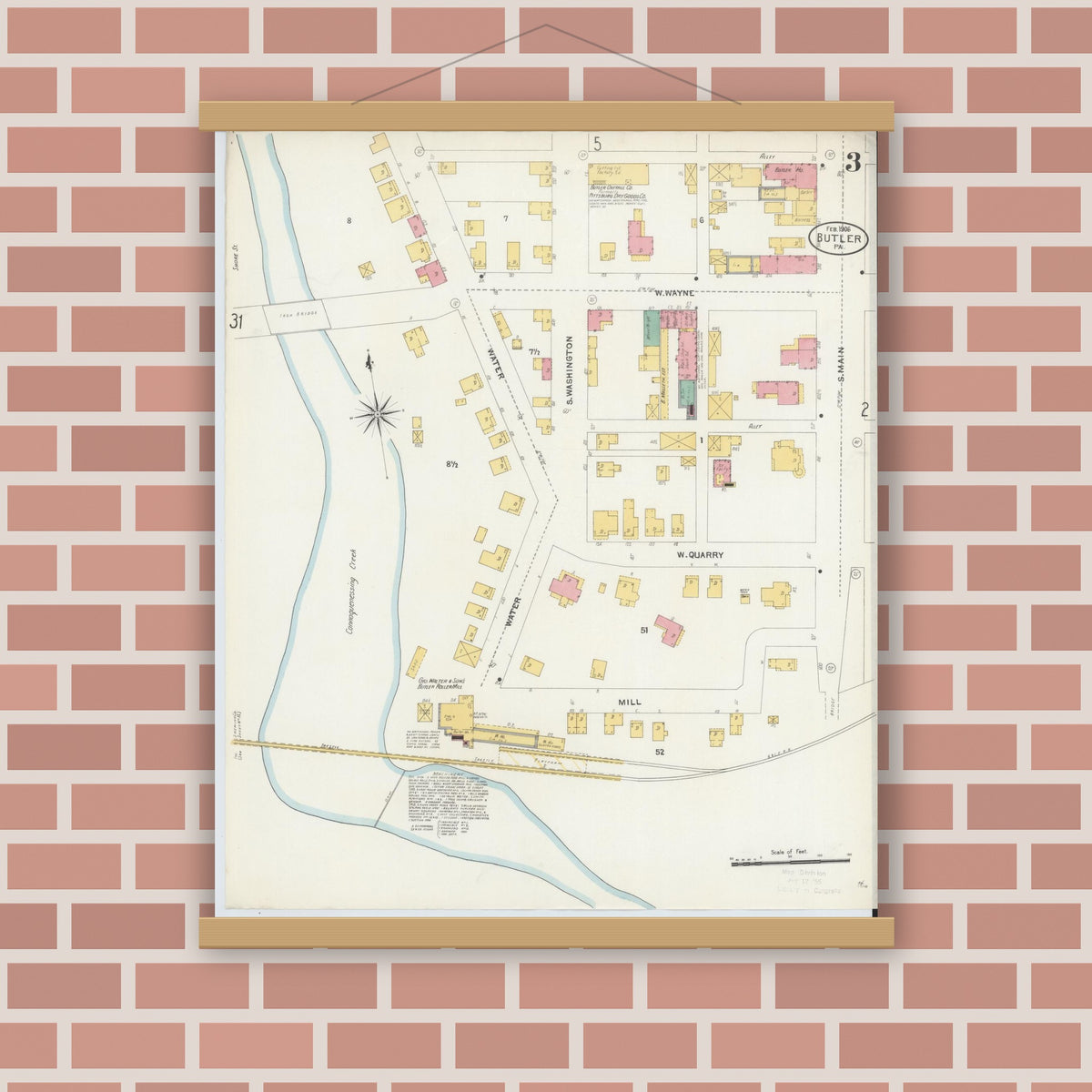 Old map wall art mockup — magnetic wood frame on brick wall — Sanborn Fire Insurance Map from Butler, Butler County, Pennsylvania (1906), Sheet #0003