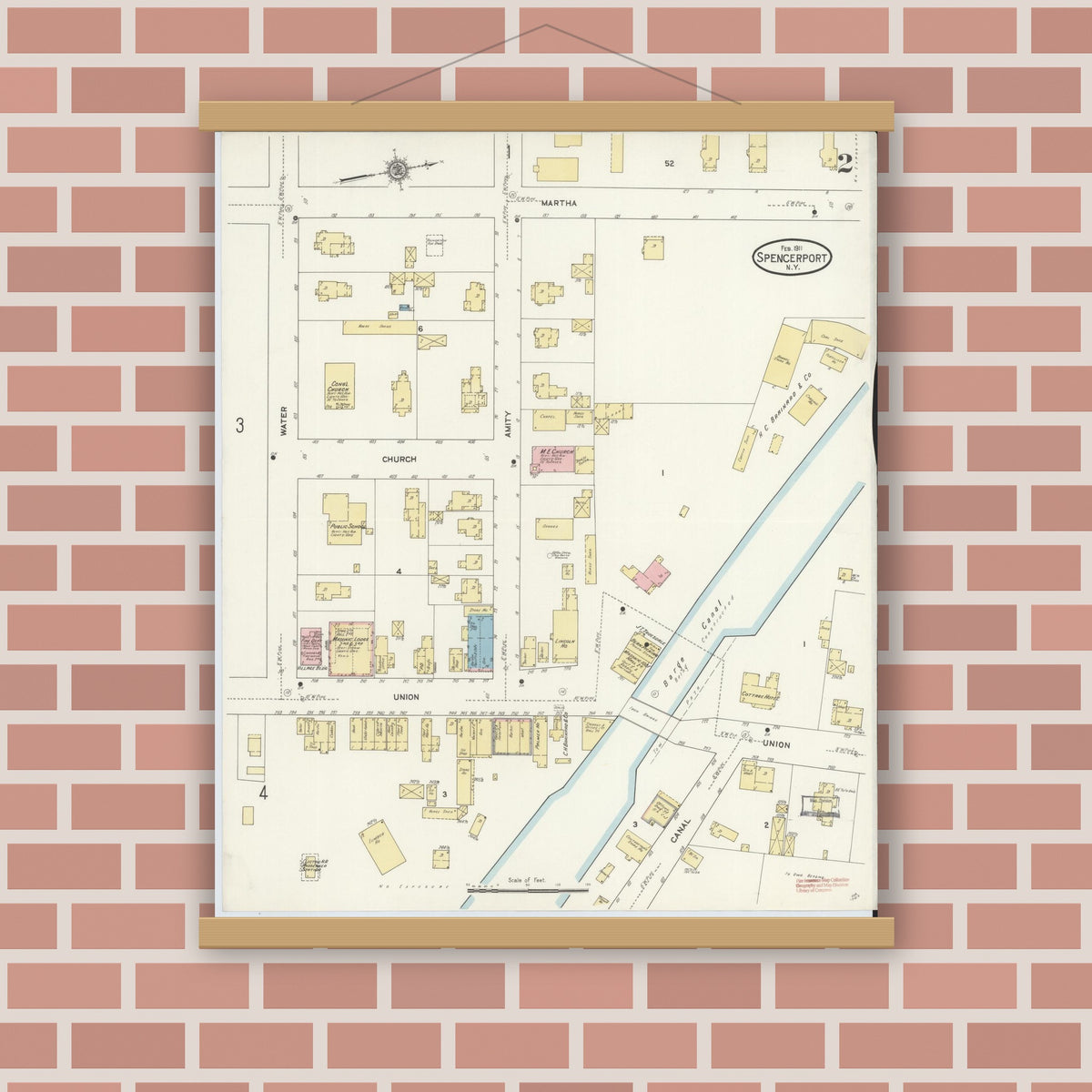 Old map wall art mockup — magnetic wood frame on brick wall — Sanborn Fire Insurance Map from Spencerport, Monroe County, New York (1911), Sheet #0002