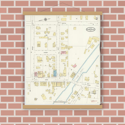 Old map wall art mockup — magnetic wood frame on brick wall — Sanborn Fire Insurance Map from Spencerport, Monroe County, New York (1911), Sheet #0002