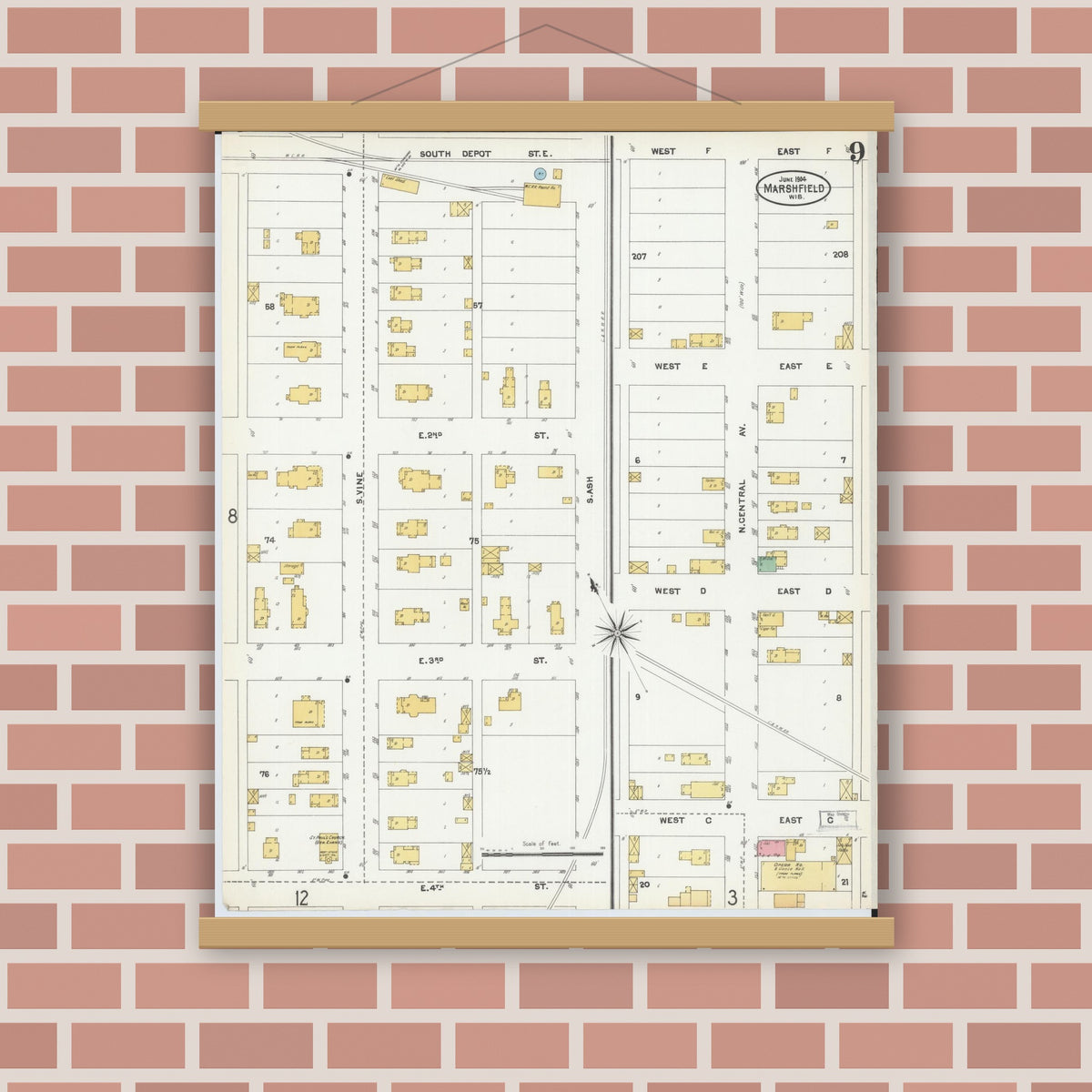 Old map wall art mockup — magnetic wood frame on brick wall — Sanborn Fire Insurance Map from Marshfield, Wood County, Wisconsin (1904), Sheet #0009