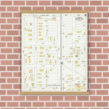 Old map wall art mockup — magnetic wood frame on brick wall — Sanborn Fire Insurance Map from Marshfield, Wood County, Wisconsin (1904), Sheet #0009