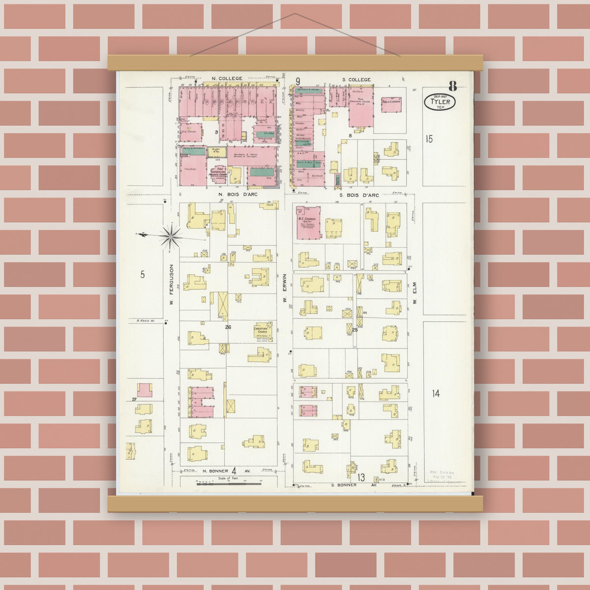 Old map wall art mockup — magnetic wood frame on brick wall — Sanborn Fire Insurance Map from Tyler, Smith County, Texas (1907), Sheet #0008