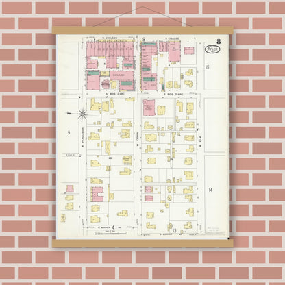Old map wall art mockup — magnetic wood frame on brick wall — Sanborn Fire Insurance Map from Tyler, Smith County, Texas (1907), Sheet #0008