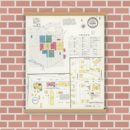 Old map wall art mockup — magnetic wood frame on brick wall — Sanborn Fire Insurance Map from Victoria, Victoria County, Texas (1907) - Complete Map Set
