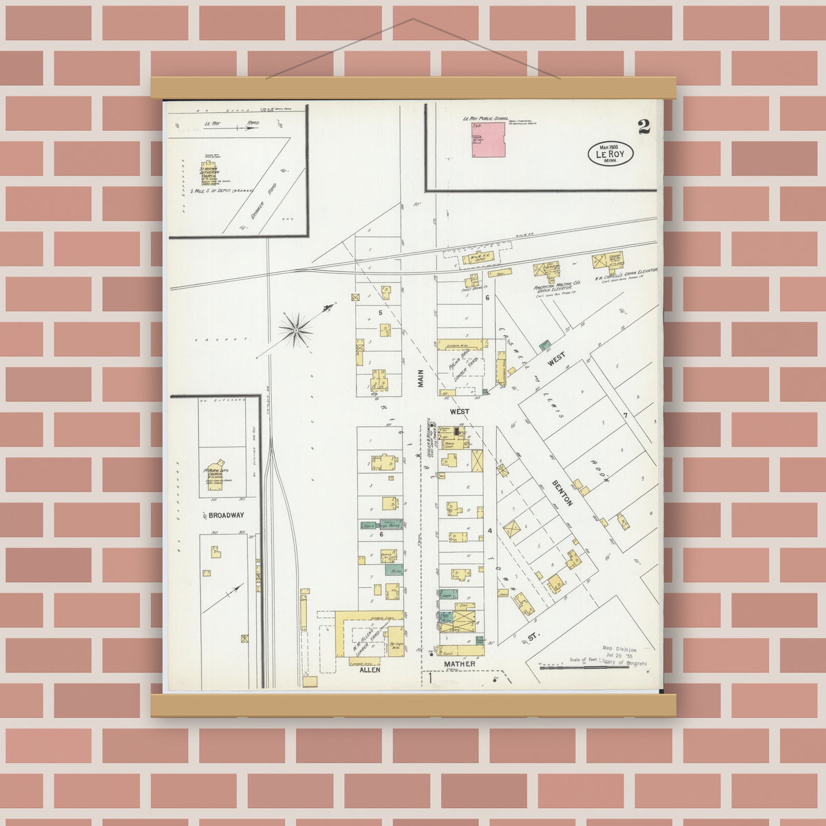 Old map wall art mockup — magnetic wood frame on brick wall — Sanborn Fire Insurance Map from Le Roy, Mower County, Minnesota (1900), Sheet #0002