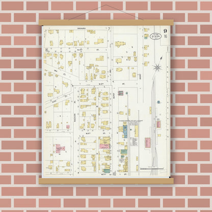 Old map wall art mockup — magnetic wood frame on brick wall — Sanborn Fire Insurance Map from Dixon, Lee County, Illinois (1902), Sheet #0009