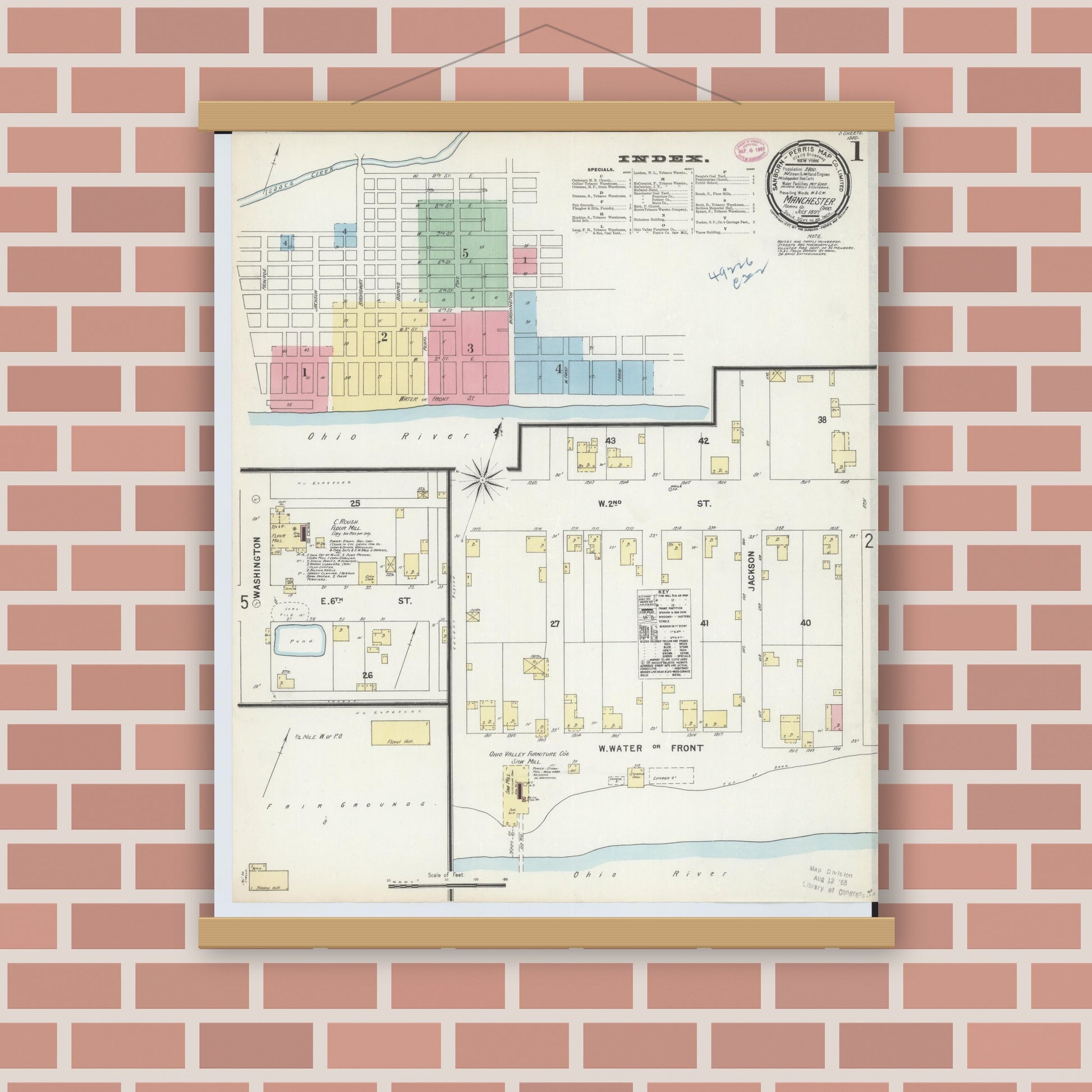 Old map wall art mockup — magnetic wood frame on brick wall — Sanborn Fire Insurance Map from Manchester, Adams County, Ohio (1897) - Complete Map Set