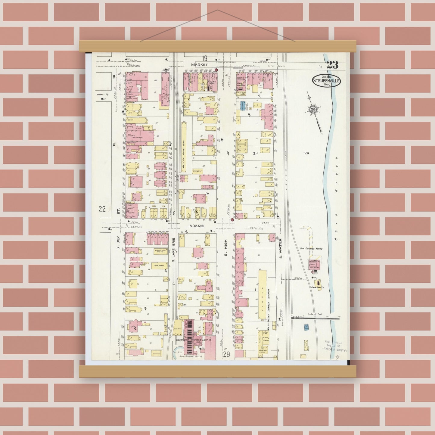 Old map wall art mockup — magnetic wood frame on brick wall — Sanborn Fire Insurance Map from Steubenville, Jefferson County, Ohio (1913), Sheet #0023