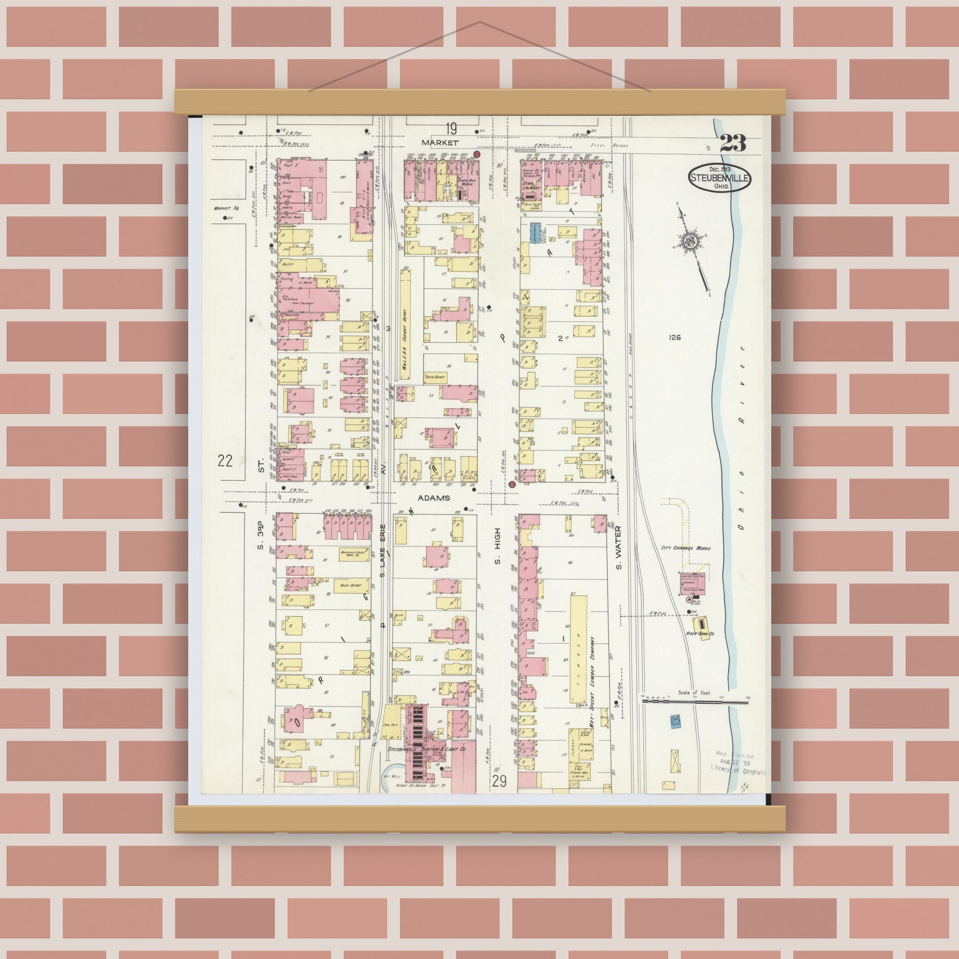 Old map wall art mockup — magnetic wood frame on brick wall — Sanborn Fire Insurance Map from Steubenville, Jefferson County, Ohio (1913), Sheet #0023