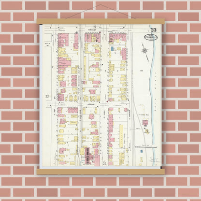 Old map wall art mockup — magnetic wood frame on brick wall — Sanborn Fire Insurance Map from Steubenville, Jefferson County, Ohio (1913), Sheet #0023