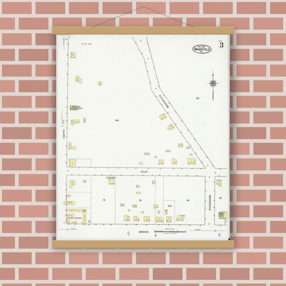 Old map wall art mockup — magnetic wood frame on brick wall — Sanborn Fire Insurance Map from Mansfield, Tarrant County, Texas (1921), Sheet #0003