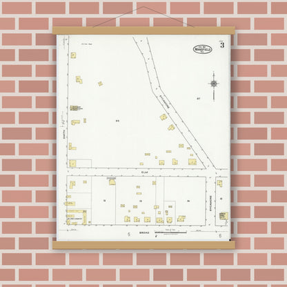 Old map wall art mockup — magnetic wood frame on brick wall — Sanborn Fire Insurance Map from Mansfield, Tarrant County, Texas (1921), Sheet #0003