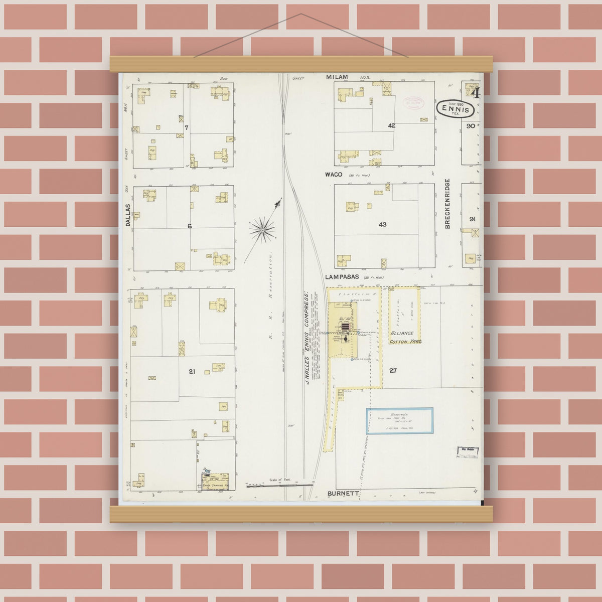 Old map wall art mockup — magnetic wood frame on brick wall — Sanborn Fire Insurance Map from Ennis, Ellis County, Texas (1890), Sheet #0004