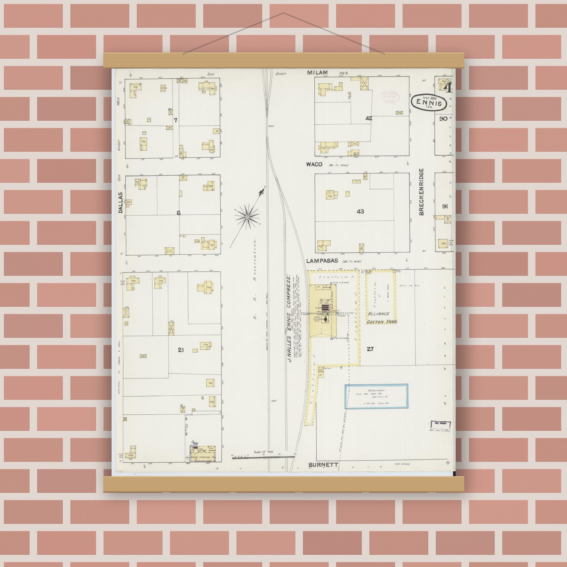 Old map wall art mockup — magnetic wood frame on brick wall — Sanborn Fire Insurance Map from Ennis, Ellis County, Texas (1890), Sheet #0004