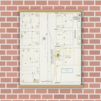 Old map wall art mockup — magnetic wood frame on brick wall — Sanborn Fire Insurance Map from Ennis, Ellis County, Texas (1890), Sheet #0004