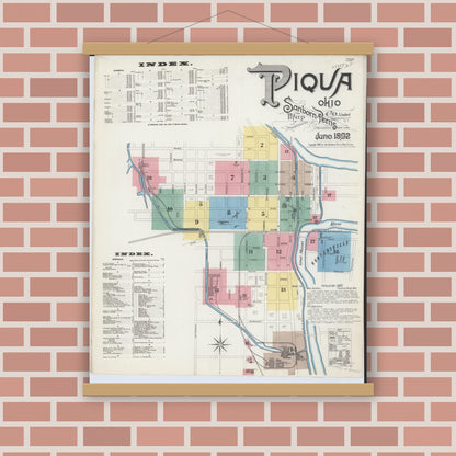 Old map wall art mockup — magnetic wood frame on brick wall — Sanborn Fire Insurance Map from Piqua, Miami County, Ohio (1892) - Complete Map Set