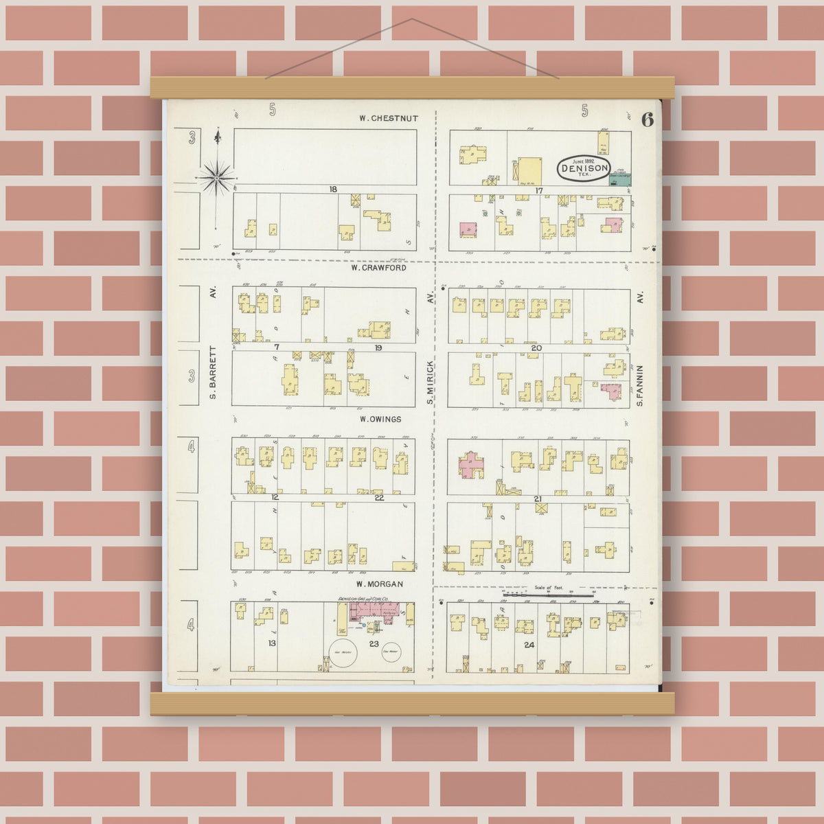 Old map wall art mockup — magnetic wood frame on brick wall — Sanborn Fire Insurance Map from Denison, Grayson County, Texas (1892), Sheet #0006
