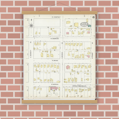 Old map wall art mockup — magnetic wood frame on brick wall — Sanborn Fire Insurance Map from Denison, Grayson County, Texas (1892), Sheet #0006
