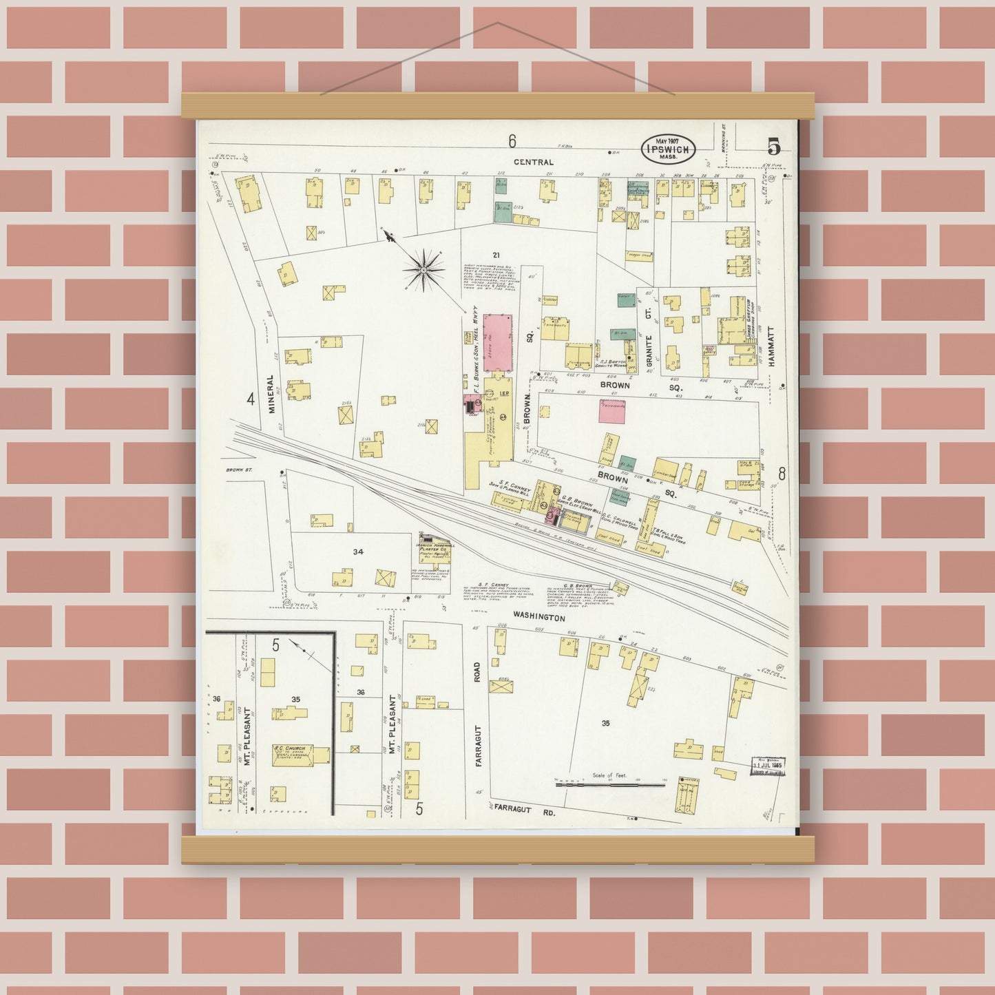 Old map wall art mockup — magnetic wood frame on brick wall — Sanborn Fire Insurance Map from Ipswich, Essex County, Massachusetts (1907), Sheet #0005