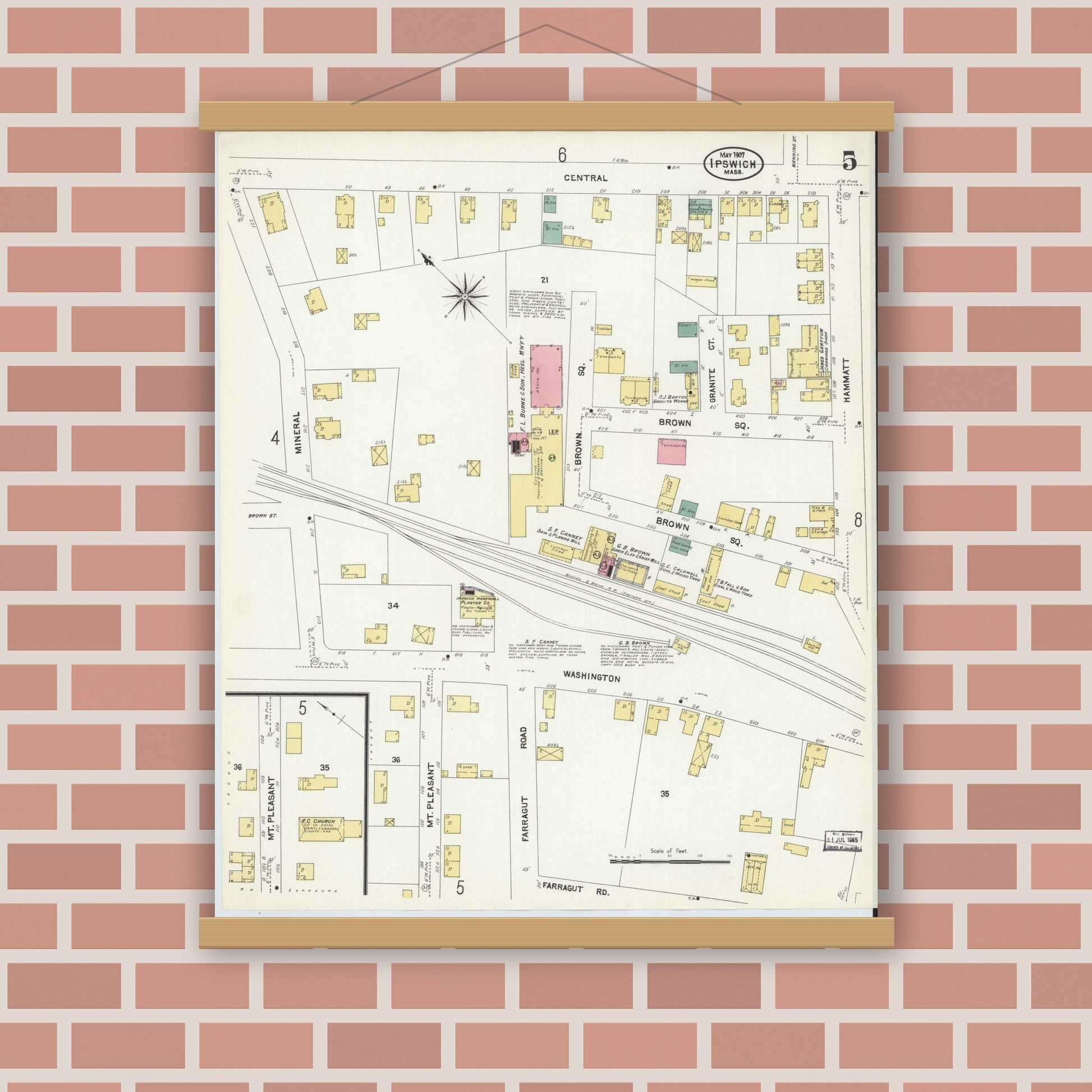 Old map wall art mockup — magnetic wood frame on brick wall — Sanborn Fire Insurance Map from Ipswich, Essex County, Massachusetts (1907), Sheet #0005