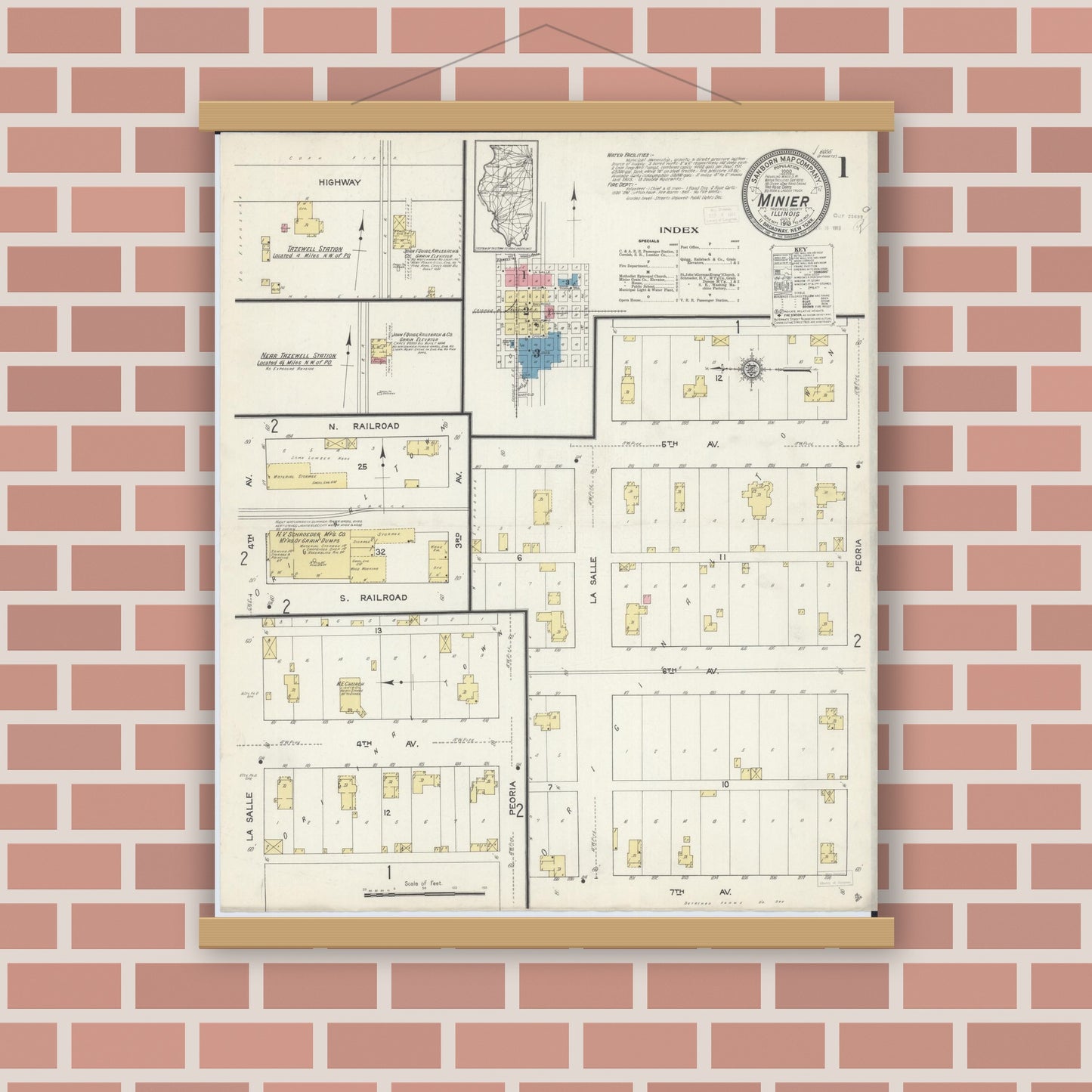 Old map wall art mockup — magnetic wood frame on brick wall — Sanborn Fire Insurance Map from Minier, Tazewell County, Illinois (1913) - Complete Map Set