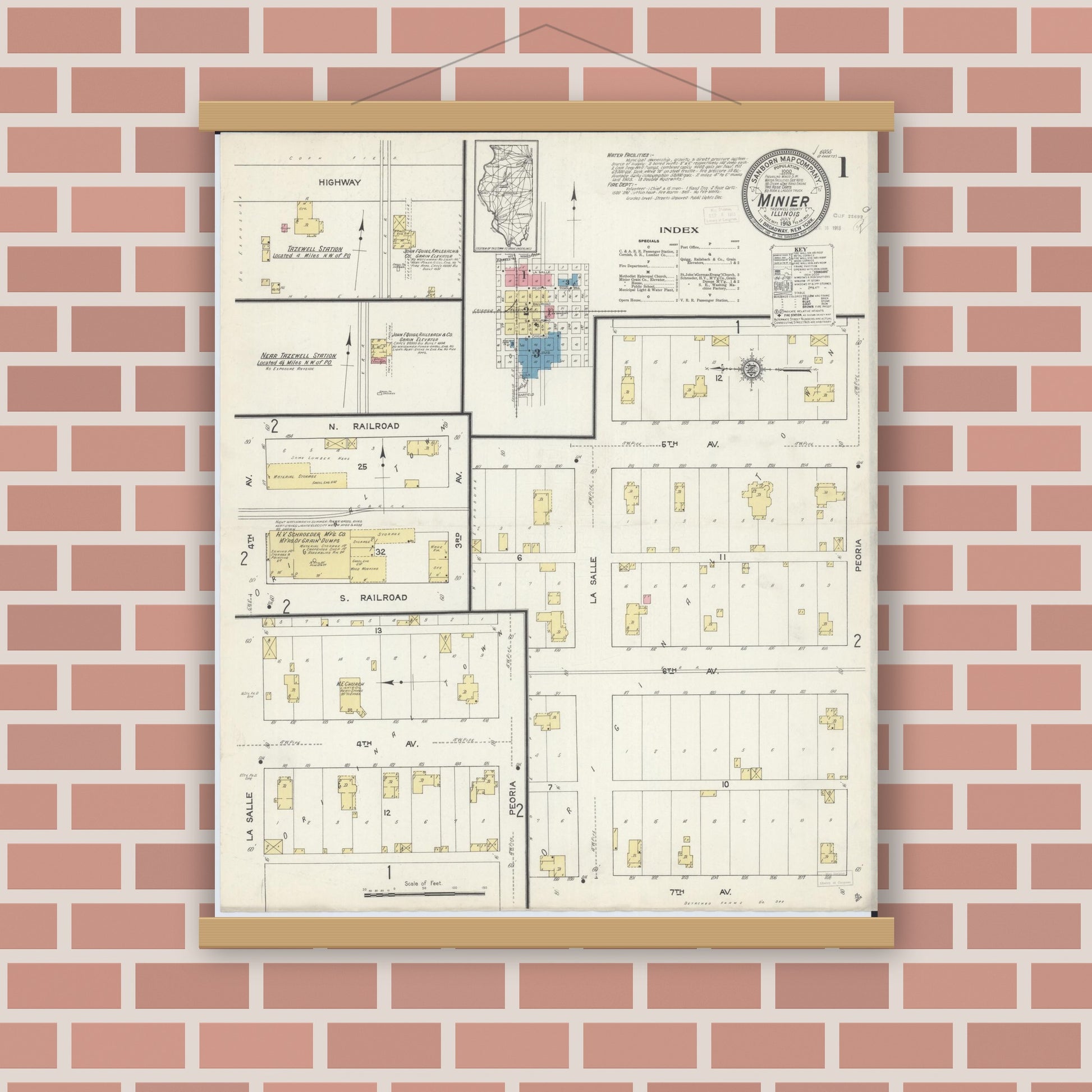 Old map wall art mockup — magnetic wood frame on brick wall — Sanborn Fire Insurance Map from Minier, Tazewell County, Illinois (1913) - Complete Map Set