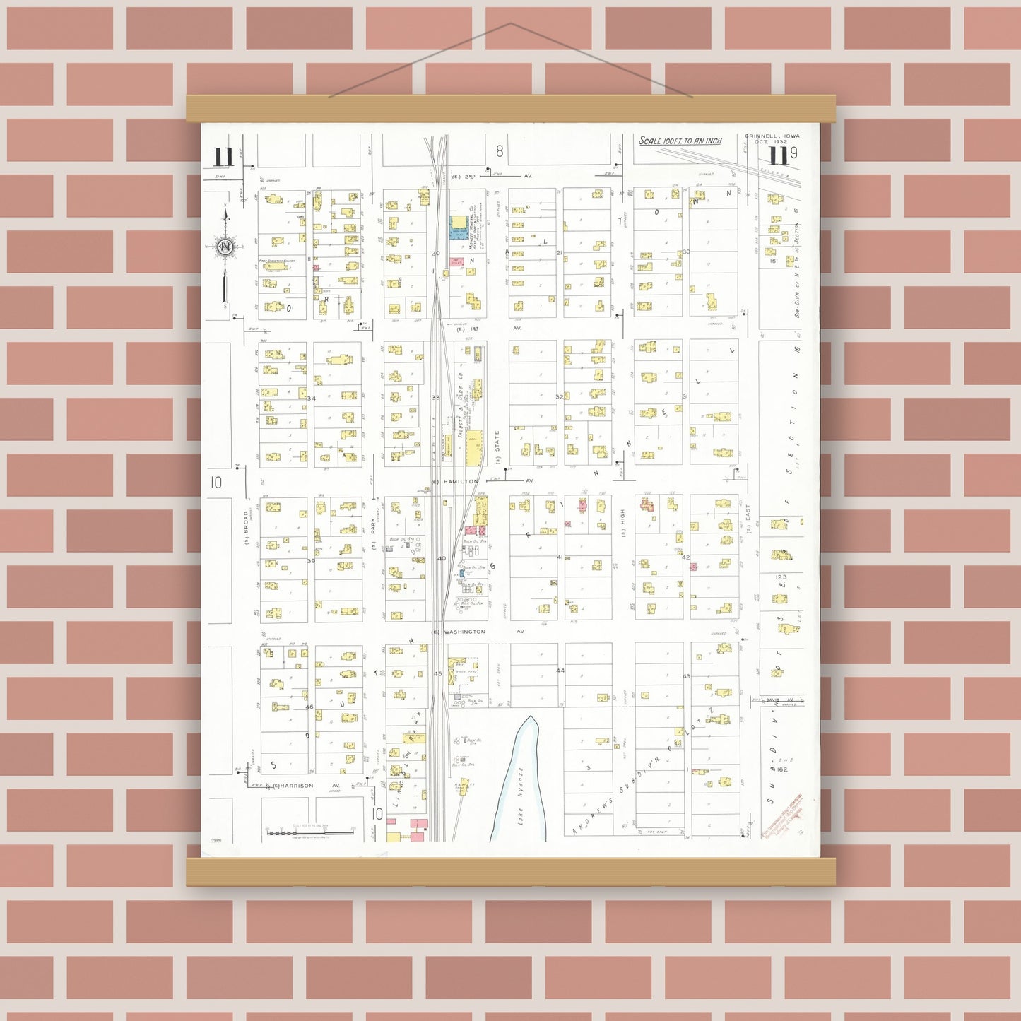 Old map wall art mockup — magnetic wood frame on brick wall — Sanborn Fire Insurance Map from Grinnell, Poweshiek County, Iowa (1932), Sheet #0011