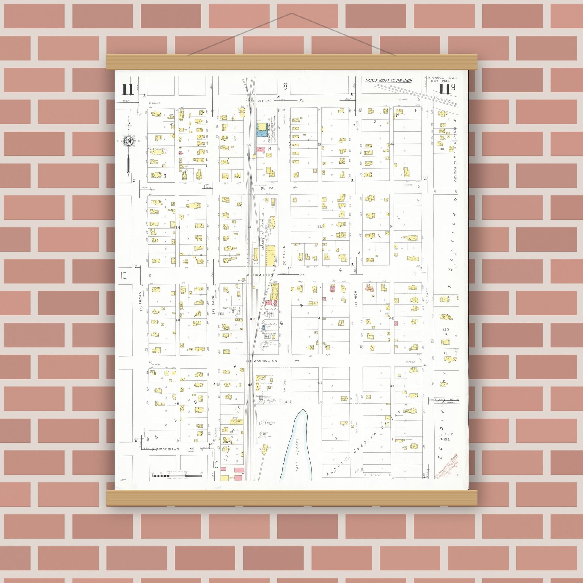 Old map wall art mockup — magnetic wood frame on brick wall — Sanborn Fire Insurance Map from Grinnell, Poweshiek County, Iowa (1932), Sheet #0011
