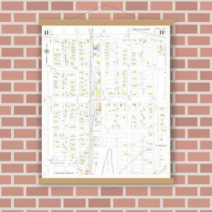 Old map wall art mockup — magnetic wood frame on brick wall — Sanborn Fire Insurance Map from Grinnell, Poweshiek County, Iowa (1932), Sheet #0011