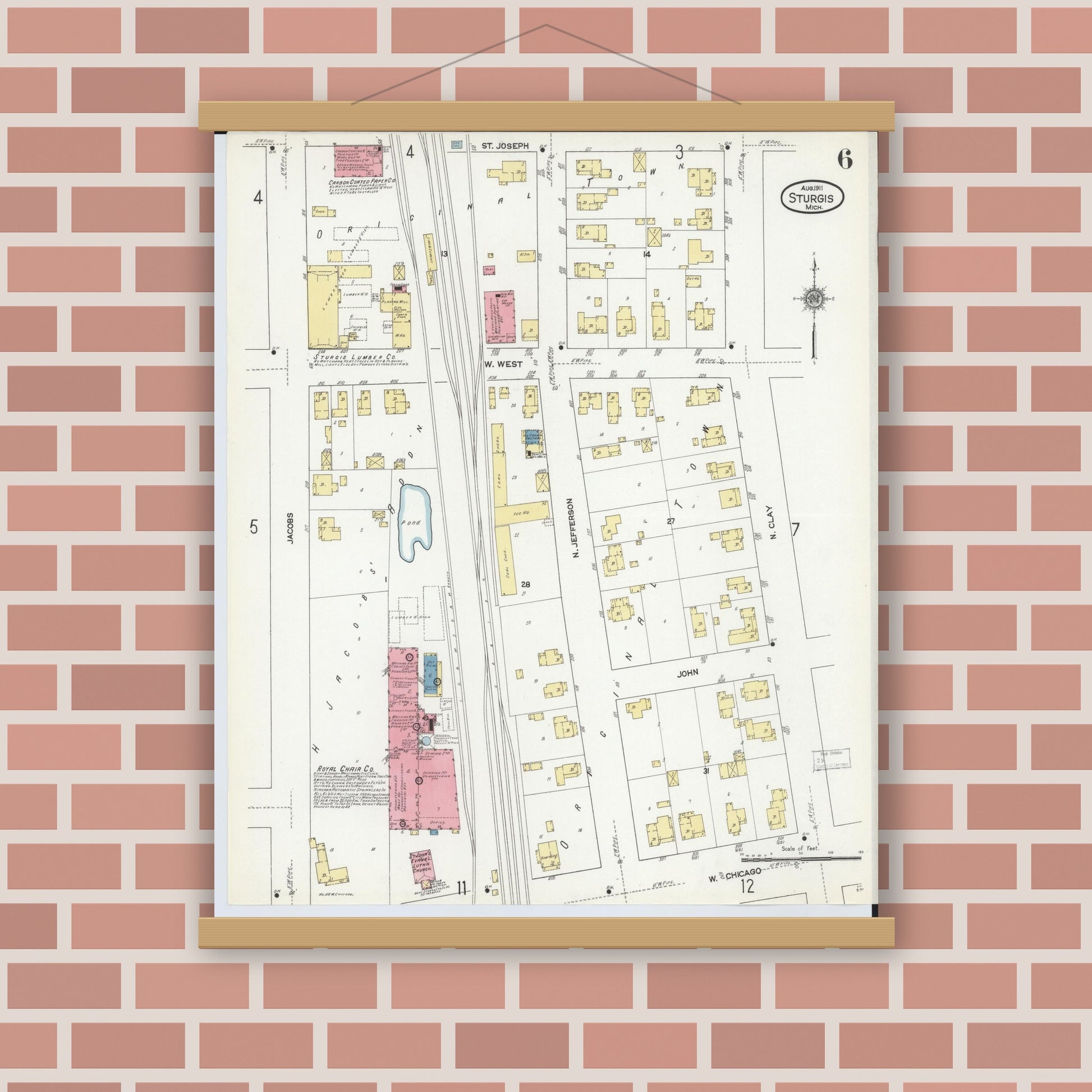Old map wall art mockup — magnetic wood frame on brick wall — Sanborn Fire Insurance Map from Sturgis, Saint Joseph County, Michigan (1911), Sheet #0006