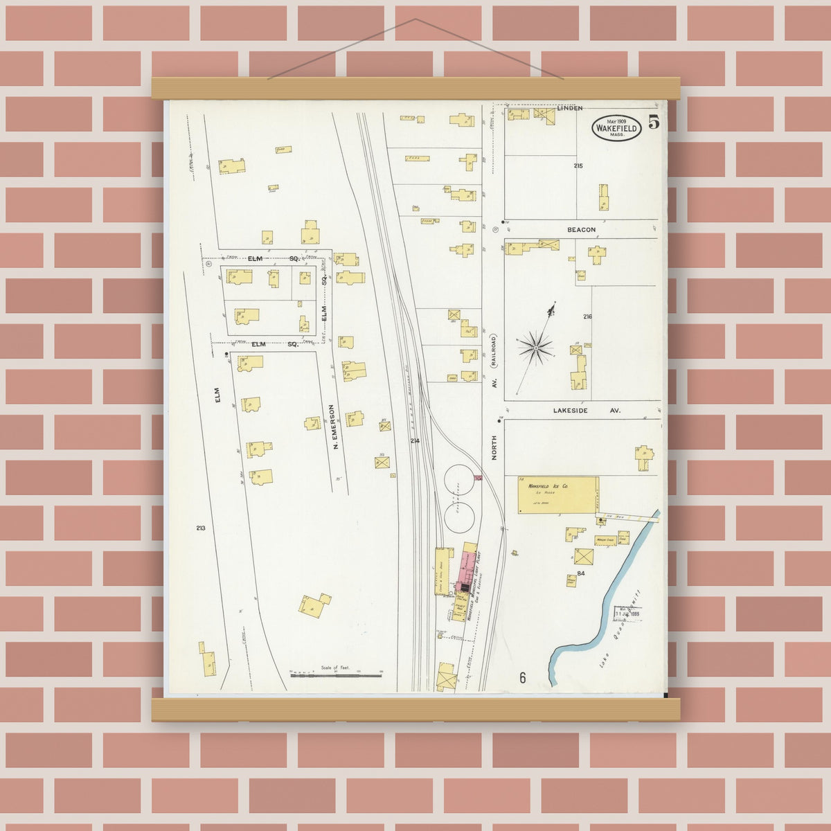 Old map wall art mockup — magnetic wood frame on brick wall — Sanborn Fire Insurance Map from Wakefield, Middlesex County, Massachusetts (1909), Sheet #0005