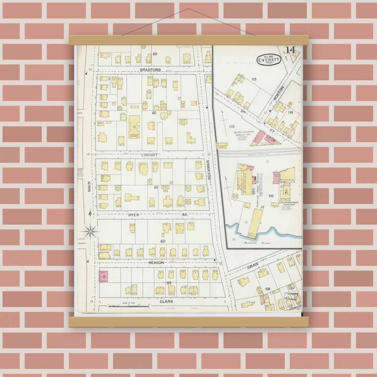 Old map wall art mockup — magnetic wood frame on brick wall — Sanborn Fire Insurance Map from Everett, Middlesex County, Massachusetts (1892), Sheet #0014