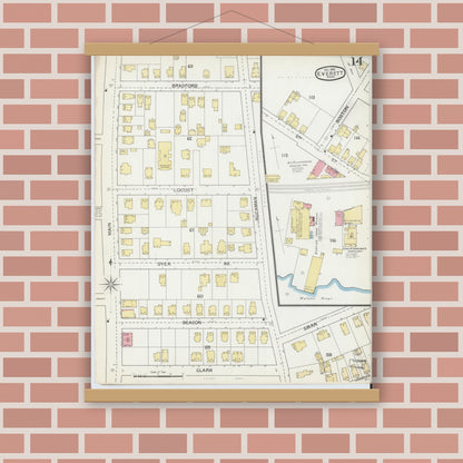 Old map wall art mockup — magnetic wood frame on brick wall — Sanborn Fire Insurance Map from Everett, Middlesex County, Massachusetts (1892), Sheet #0014