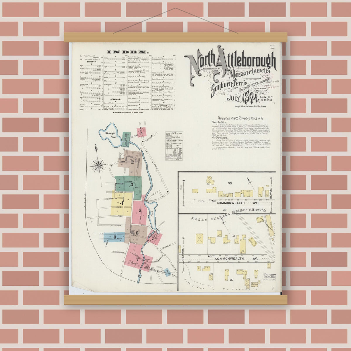 Old map wall art mockup — magnetic wood frame on brick wall — Sanborn Fire Insurance Map from North Attleborough, Bristol County, Massachusetts (1894) - Complete Map Set