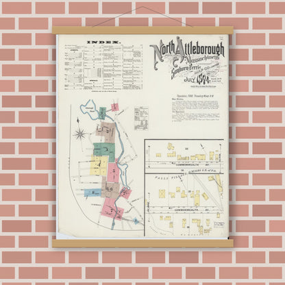 Old map wall art mockup — magnetic wood frame on brick wall — Sanborn Fire Insurance Map from North Attleborough, Bristol County, Massachusetts (1894) - Complete Map Set
