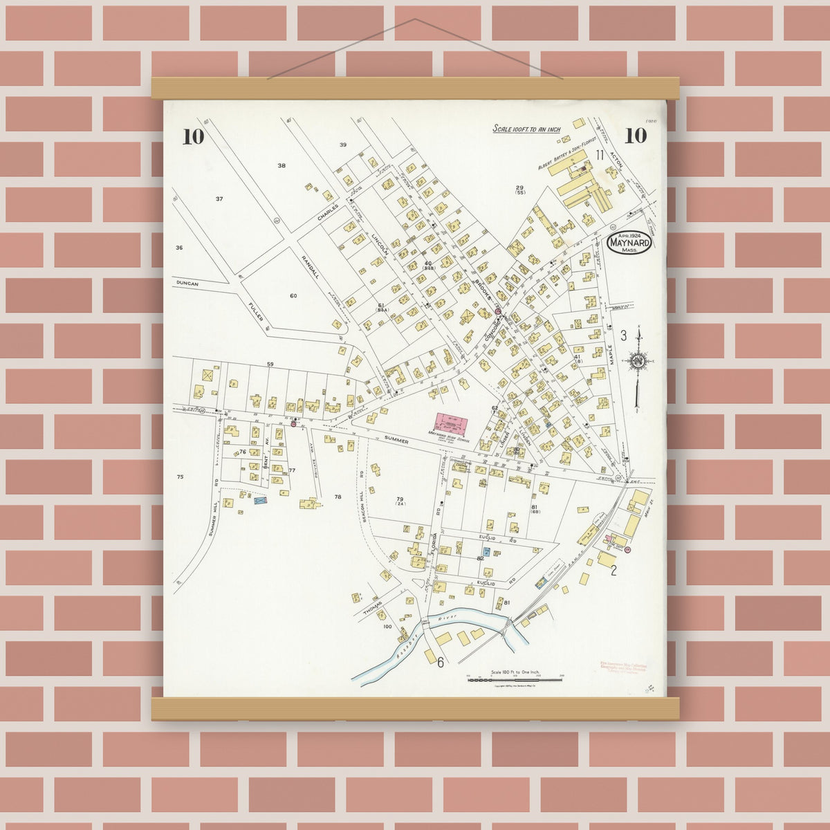 Old map wall art mockup — magnetic wood frame on brick wall — Sanborn Fire Insurance Map from Maynard, Middlesex County, Massachusetts (1924), Sheet #0010