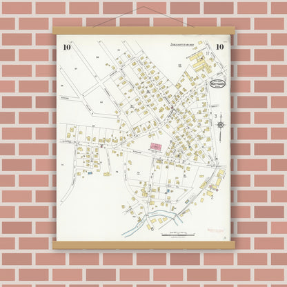 Old map wall art mockup — magnetic wood frame on brick wall — Sanborn Fire Insurance Map from Maynard, Middlesex County, Massachusetts (1924), Sheet #0010
