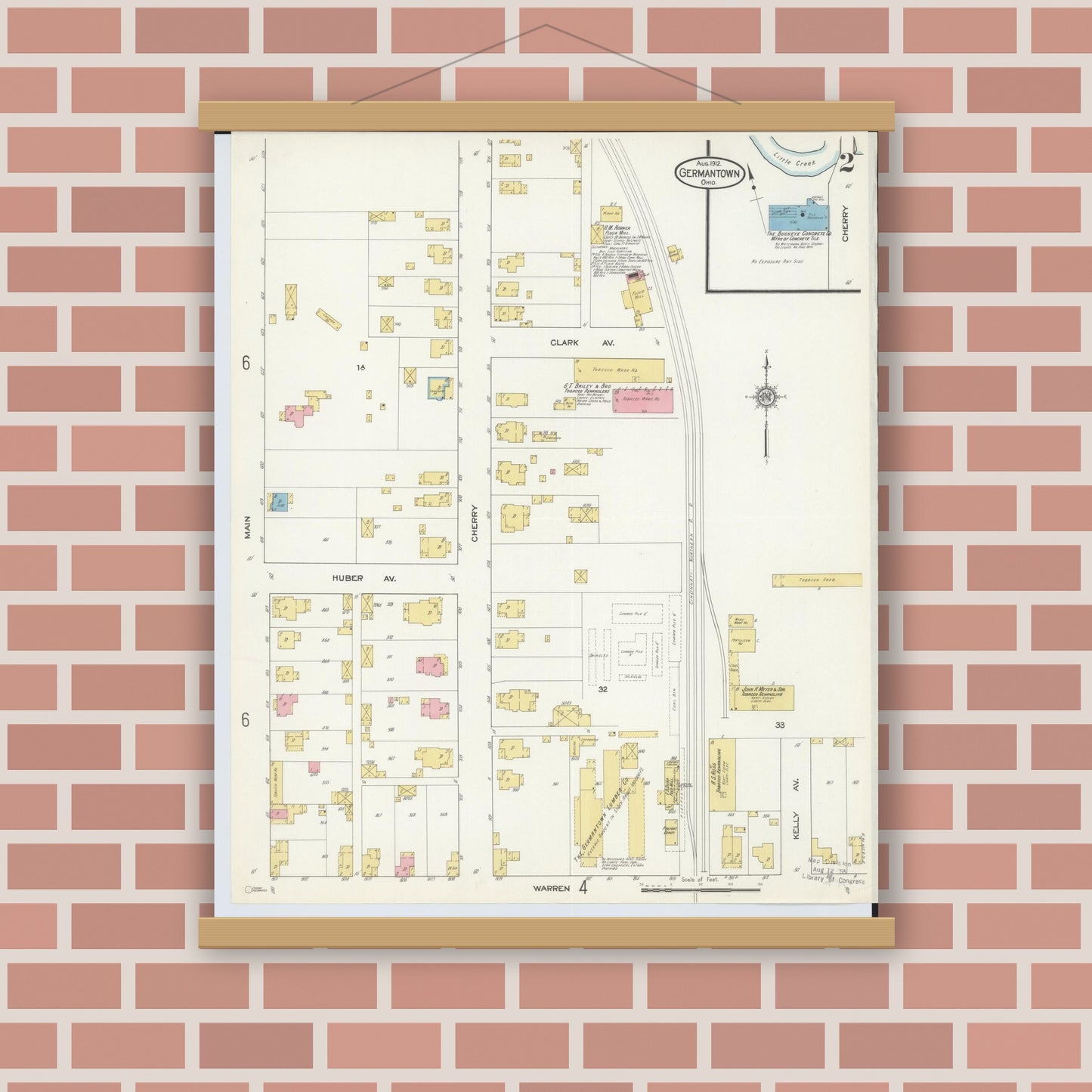 Old map wall art mockup — magnetic wood frame on brick wall — Sanborn Fire Insurance Map from Germantown, Montgomery County, Ohio (1912), Sheet #0002