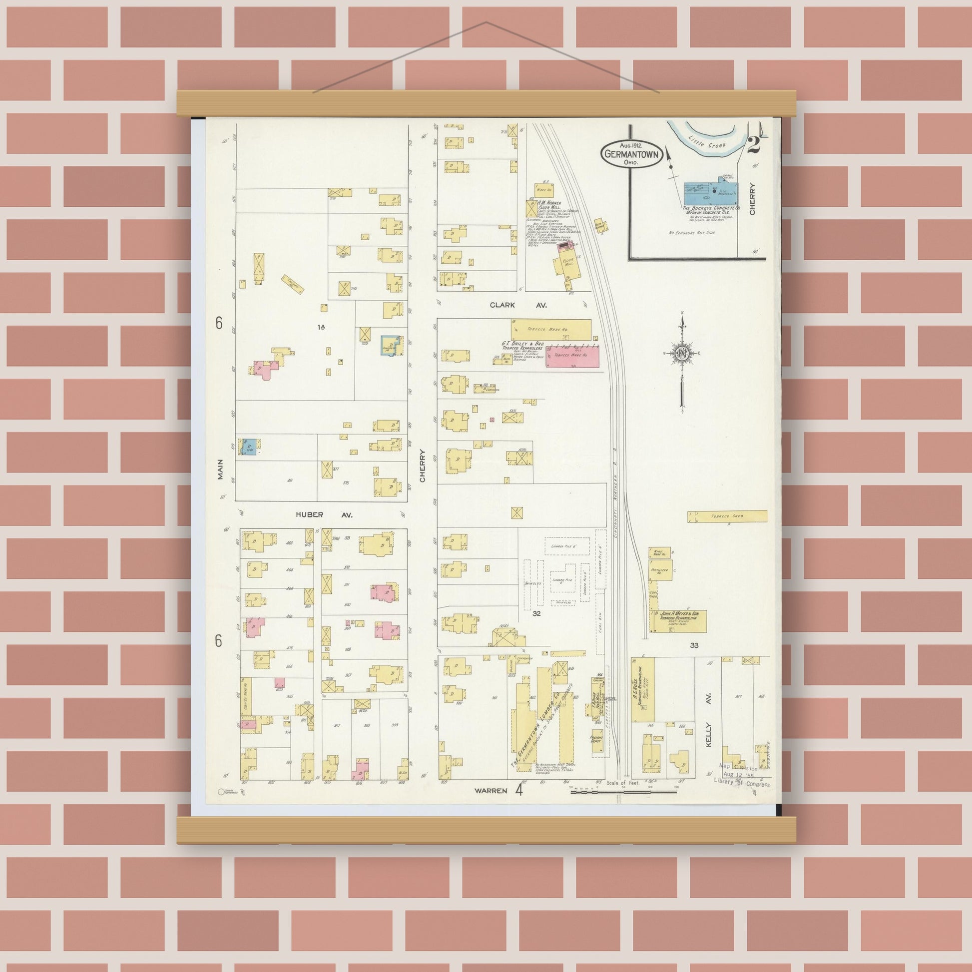 Old map wall art mockup — magnetic wood frame on brick wall — Sanborn Fire Insurance Map from Germantown, Montgomery County, Ohio (1912), Sheet #0002