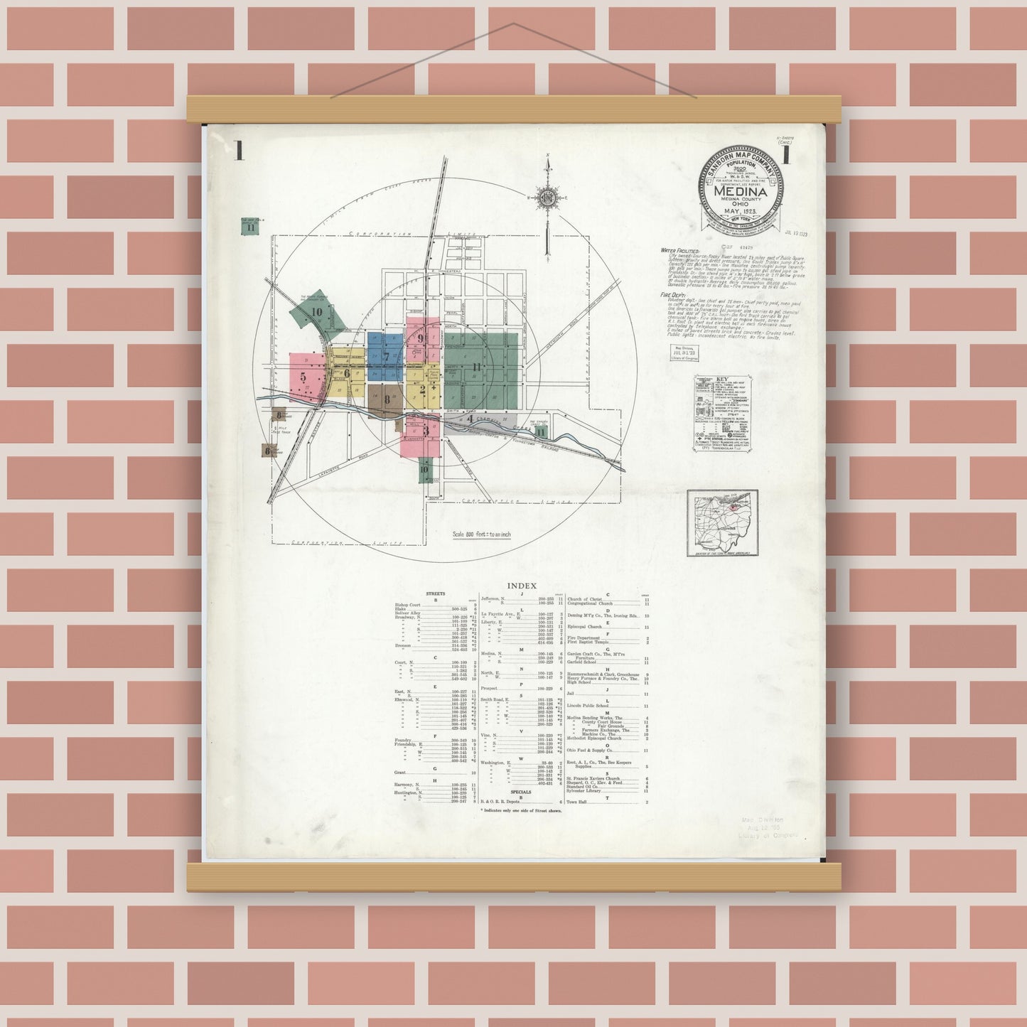 Old map wall art mockup — magnetic wood frame on brick wall — Sanborn Fire Insurance Map from Medina, Medina County, Ohio (1923), Sheet #0001