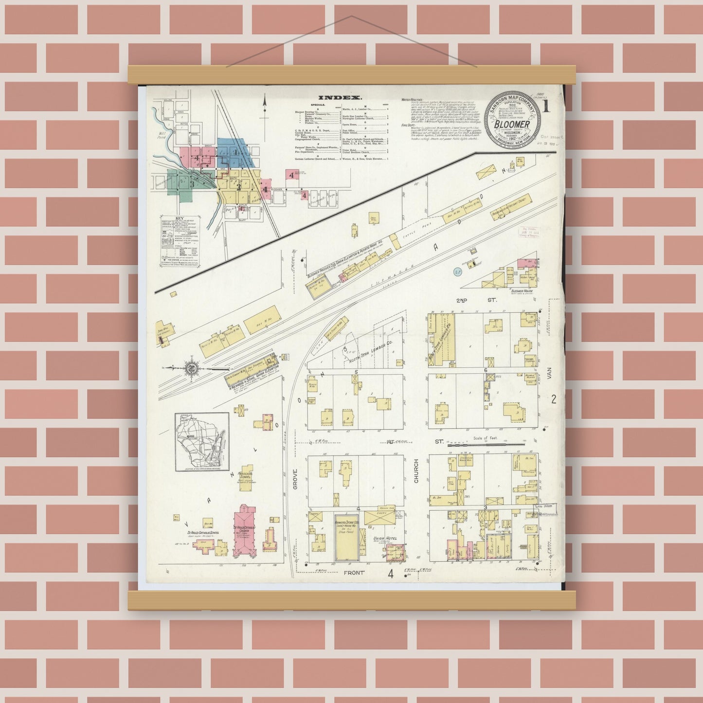 Old map wall art mockup — magnetic wood frame on brick wall — Sanborn Fire Insurance Map from Bloomer, Chippewa County, Wisconsin (1912), Sheet #0001