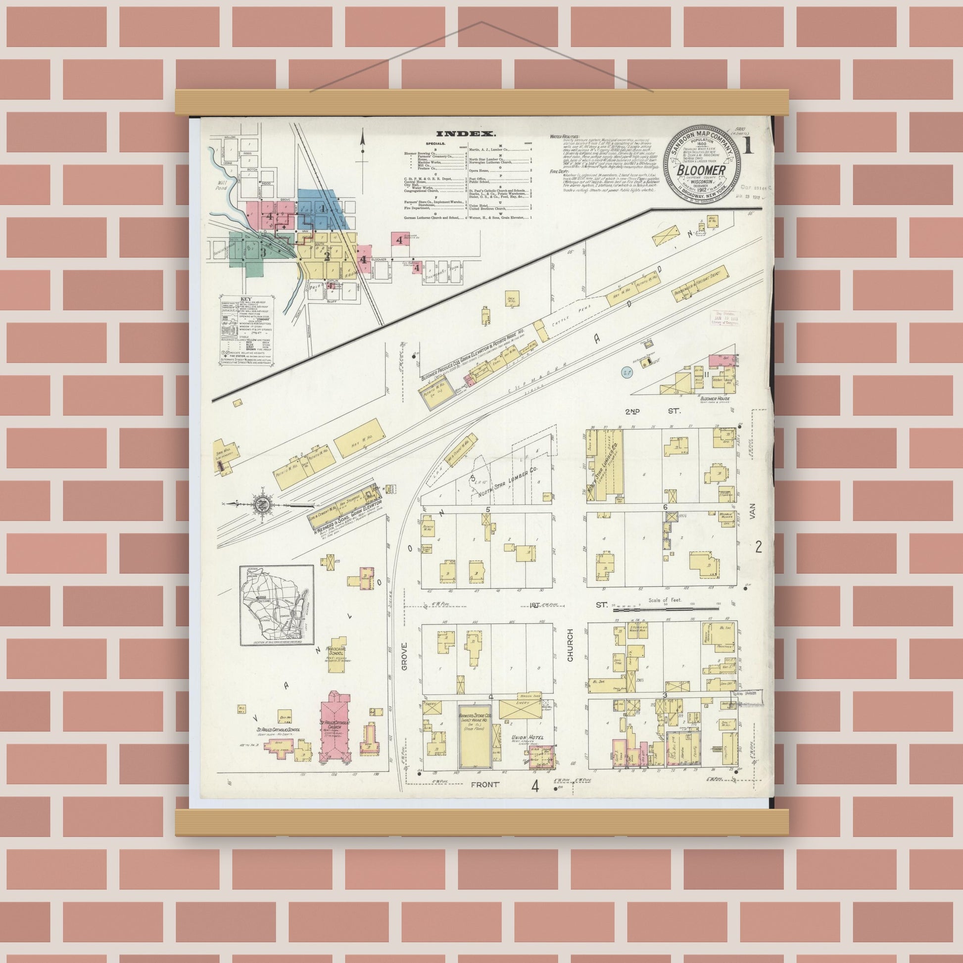 Old map wall art mockup — magnetic wood frame on brick wall — Sanborn Fire Insurance Map from Bloomer, Chippewa County, Wisconsin (1912), Sheet #0001