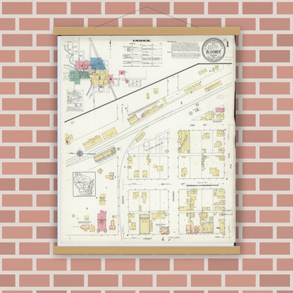 Old map wall art mockup — magnetic wood frame on brick wall — Sanborn Fire Insurance Map from Bloomer, Chippewa County, Wisconsin (1912), Sheet #0001