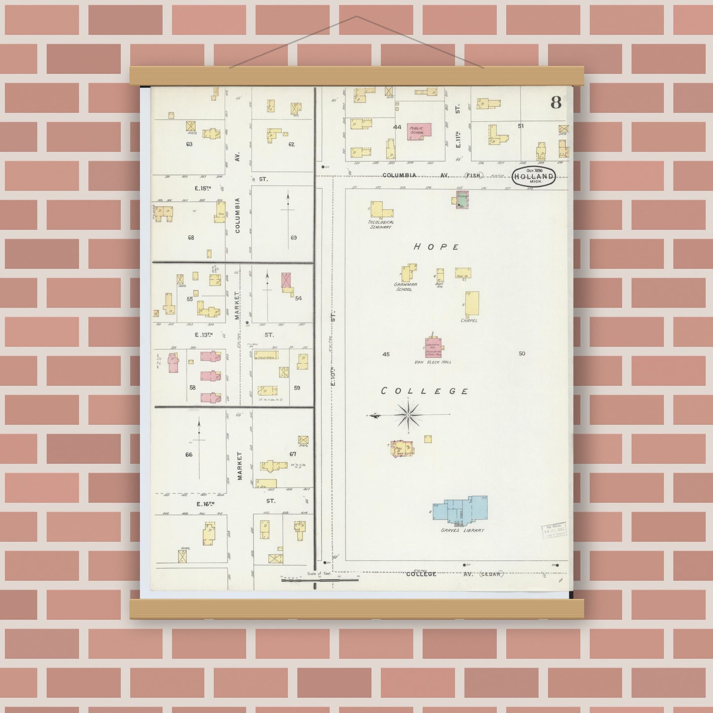 Old map wall art mockup — magnetic wood frame on brick wall — Sanborn Fire Insurance Map from Holland, Ottawa County, Michigan (1896), Sheet #0008