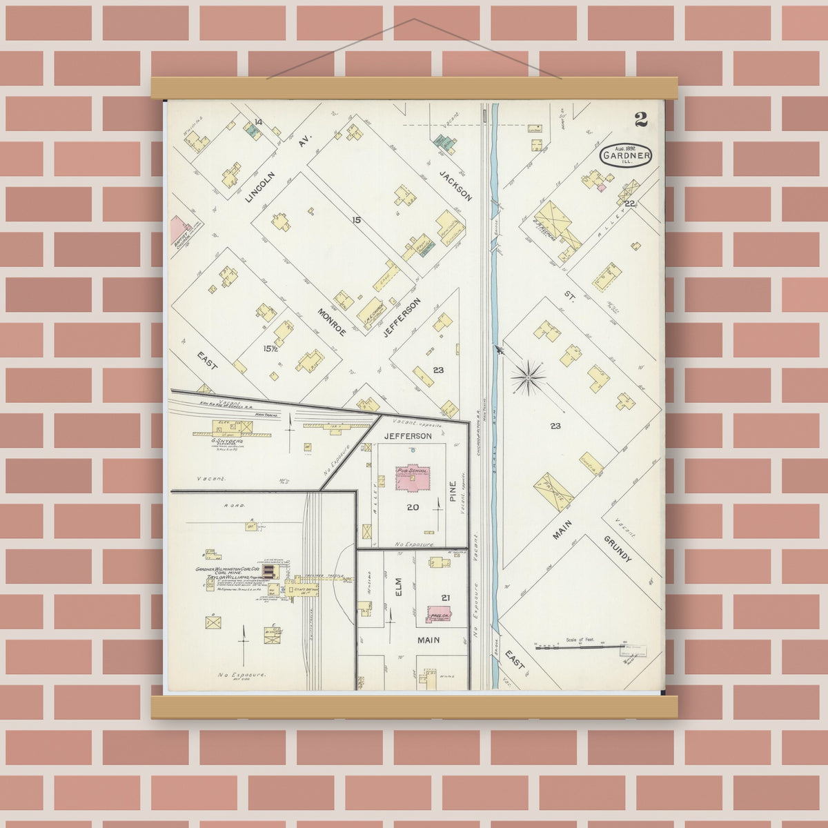 Old map wall art mockup — magnetic wood frame on brick wall — Sanborn Fire Insurance Map from Gardner, Grundy County, Illinois (1892), Sheet #0002