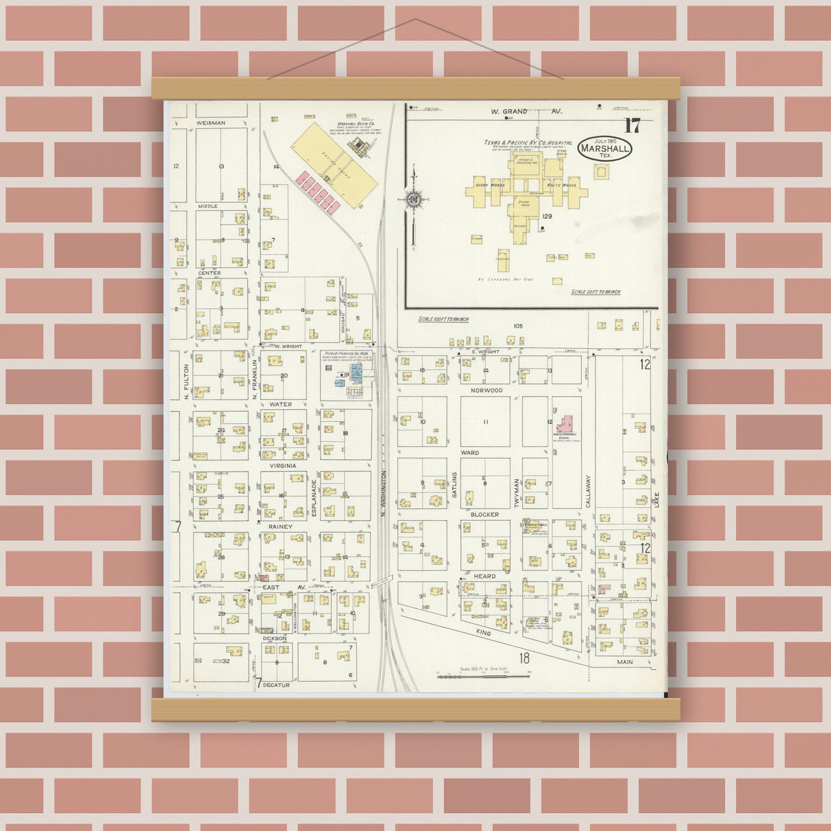 Old map wall art mockup — magnetic wood frame on brick wall — Sanborn Fire Insurance Map from Marshall, Harrison County, Texas (1915), Sheet #0017