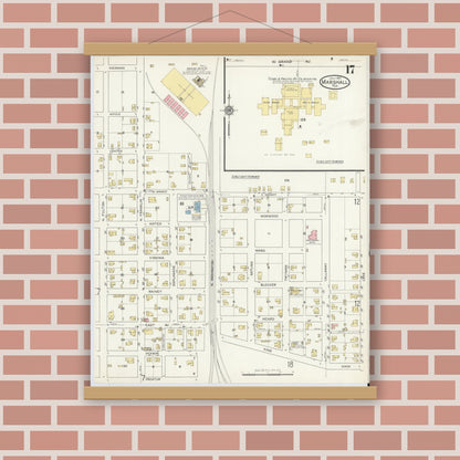 Old map wall art mockup — magnetic wood frame on brick wall — Sanborn Fire Insurance Map from Marshall, Harrison County, Texas (1915), Sheet #0017