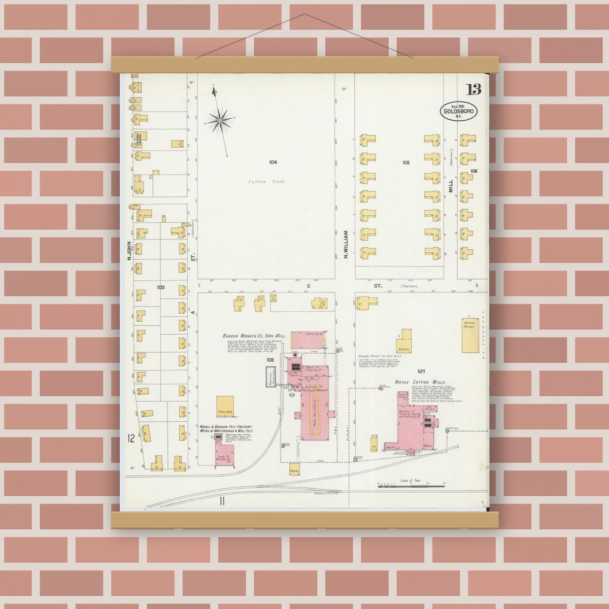 Old map wall art mockup — magnetic wood frame on brick wall — Sanborn Fire Insurance Map from Goldsboro, Wayne County, North Carolina (1901), Sheet #0013